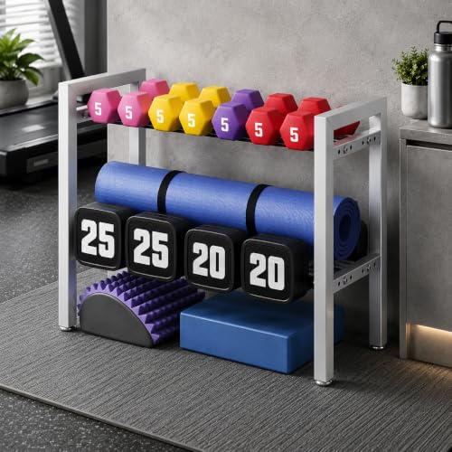 Image of WINSTAR 2-Tier Adjustable Dumbbell Rack | Heavy-Duty Home Gym Weight Storage Stand for Dumbbells & Kettlebells | Space-Saving Home Gym Organizer (Rack Only, Silver)