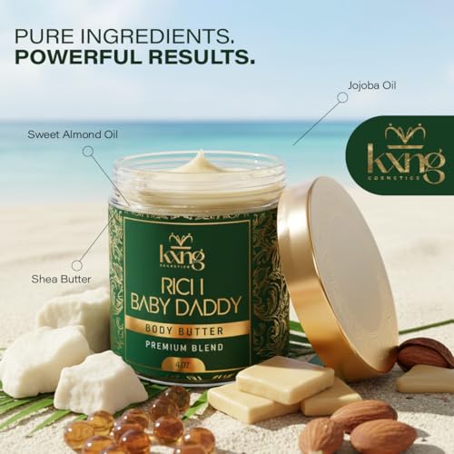 Image of KXNG Cosmetics Luxury Shea Body Butter Cream - 4oz | Organic Body Butter for Men & Women with Cocoa, Mango & Coconut Oil | Moisturizing Cream for Hands, Feet & All Skin Types - Rich Baby Daddy