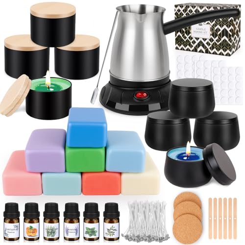 Candle Making Kits for Adults Beginners Electric Wax Melter 480g Colored Soy Wax for Candle Making Candle Making Supplies Includes Tins Fragrance Oils Candle Wicks Stickers Anti-Scald Mats