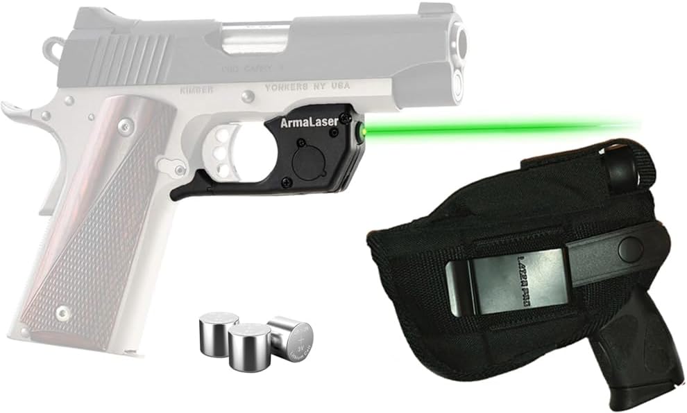 Laser Kit for Compact Springfield and Kimber 1911, Sig Sauer Ultra Compact .45 Pistols w/Tactical Holster, Touch-Activated ArmaLaser TR25G / TR25GS / TR25-G Green Laser Sight & 2 Extra Batteries