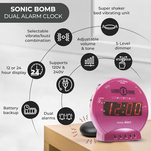 Sonic Alert Sonic Bomb Dual Alarm Clock with Bed Shaker, Pink Vibrating Alarm Clock Heavy Sleepers, Battery Backup | Wake with a Shake