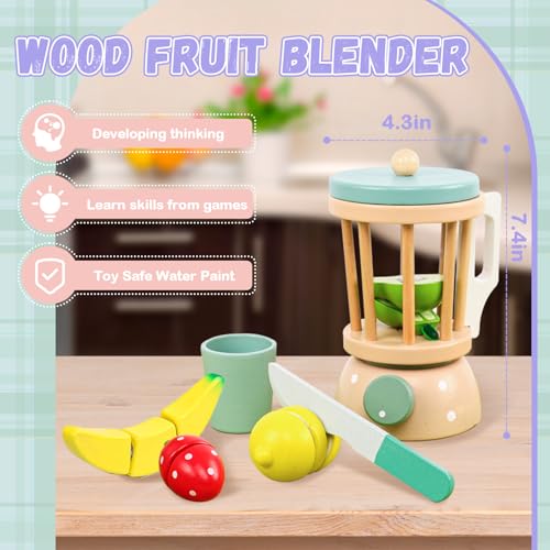 Wooden Blender Toys Play Kitchen Set for Kids-Fruit Juicer Maker Toy,Pretend Cutting Fruits Toys Mixer Food Play Kitchen Accessories for Kids,Toy Blender for Kids 3+ Years Old(Wood Fruit Blender)