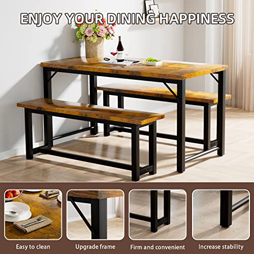 Hicomony Dining Table Set, Kitchen Table And Chairs For 4, Modern Wood Bench Dining Room Table Set Kitchen Table Set With Two Benches & Metal Frame For Restaurant (Industrial Brown) #TOP2