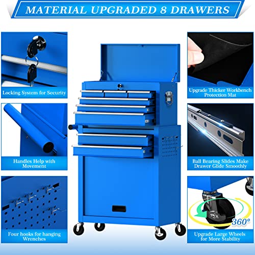 8-Drawer Tool Chest Toolbox, Rolling Tool Chest With Wheels, High Capacity Detachable Mobile Tool Storage Cabinet For Workshop, Garage, Mechanics And Repair Room(Cool Blue) #TOP3