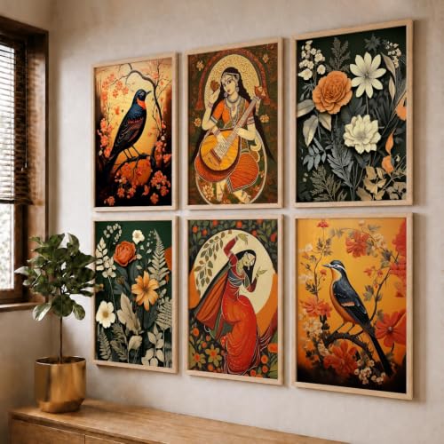 Image of kotart Premium Digital Madhubani Art Paintings with Frame for Home Decor - Framed Painting Living Room Bedroom Office - Wall Decoration - Pack of 6 (14X20 Inch, B)