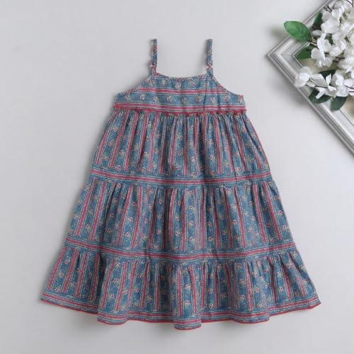 Image of The Magic Wand Kids Girls Printed Cotton Summer Dresses, Knee Length Sleeveless Casual Western Stylish One Piece Fit & Flared Frock for Beach & Vacations