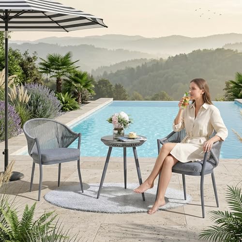 Image of BRISHI Garden Patio Seating Chair and Table Set Outdoor Balcony Garden Coffee Table Set Furniture with 1 Table and 2 Chairs Set with Cushion Braid & Rope (Gray)