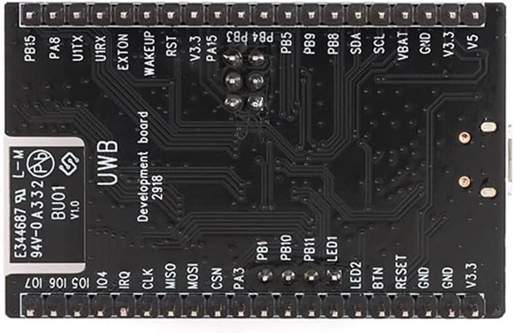 Bottom view of the Rakstore BU01 UWB Development Board, showing pin labels for various GPIOs, power, and communication interfaces.