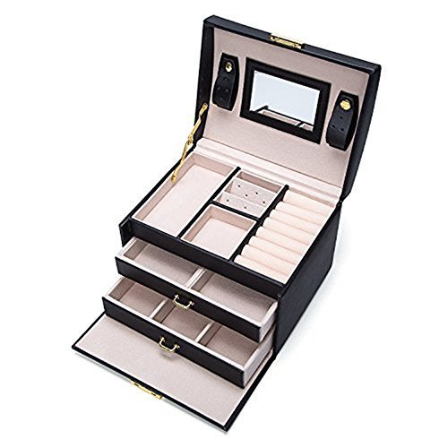 Rufun Caja de Joyería Organizador PU Pendientes de Cuero Collares 3 Bandejas 2 Cajones con Espejo Elegante, Negro