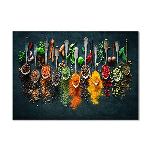 Leinwandbild Vivid Spices and Spoons | Bild auf Leinwand mit Gewürzen | Querformat | Motiv mit Peperoni Zimt Pfeffer Löffel | Wanddeko Home Kunstdruck | Küche Esszimmer Wohnzimmer | 100 x 70 cm Cover