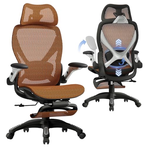 ELABEST X100 Ergonomic Office Chair with Footrest, Big and Tall Home Desk Chair with 5D Flip-Up Arms, Adjustable 10D Lumbar Support,High Back Rolling Computer Chair, Swivel Mesh Chairs