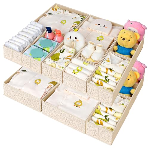 Easortm Drawer Organizer Clothes - 18 Pack Dresser Organizer for Nursery, Foldable Sock Underwear Organizer, Baby Drawer Organizer, Small Fabric Storage Bins for Dresser Drawer, Beige