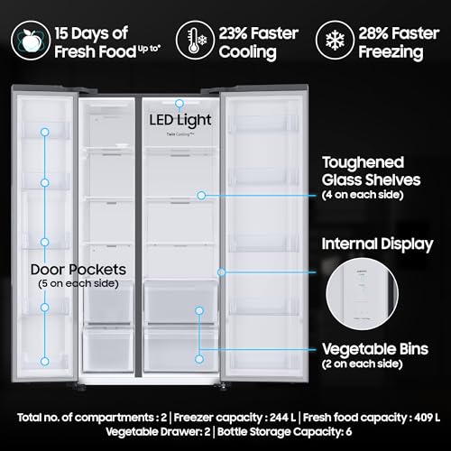 Image of Samsung 653 L, 2 Star, Frost Free, Double Door, Convertible 5-in-1 Digital Inverter, Side By Side Refrigerator (RS76CG80X0S9HL, Silver, Refined Inox)
