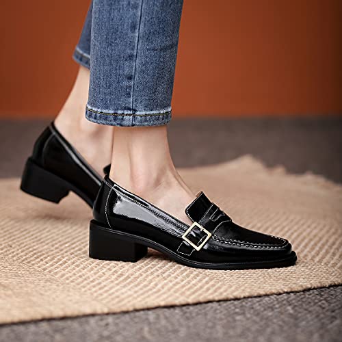Image of MOOMMO Women Chunky Heel Penny Loafers Square Toe Buckle Slip On Comfort | Office Ladies Loafer Pumps 2 inch Stacked Block Heel Dress Loafers Oxfords Walking Dress Shoes Casual Size 4-11 M US