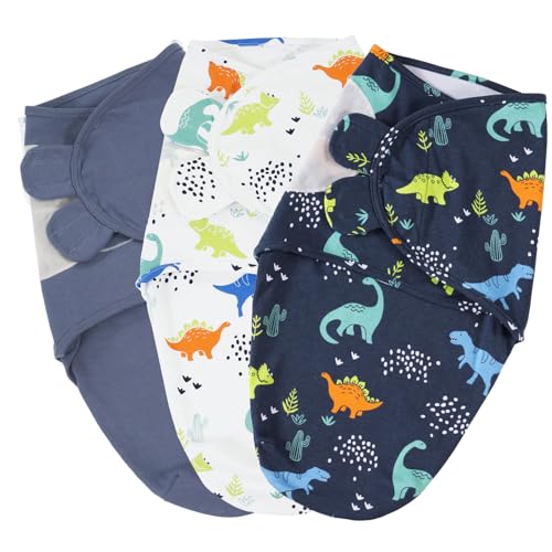 Image of PHF 100% Cotton Baby Swaddle Sleep Sacks for Newborn, 3 Pack Soft Breathable Baby Swaddle Sack 0-3 Months for Boys Girls, Easy Adjustable, Blanket Wrap, Newborn Essentials (Dinosaur)