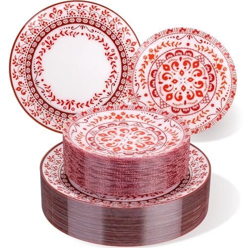 Hioasis 60pcs Red Plastic Plates Set - Floral Red & White Porcelain Design, 10.25 Hioasis 60pcs Red Plastic Plates Set - Floral Red & White Porcelain Design, 10.25