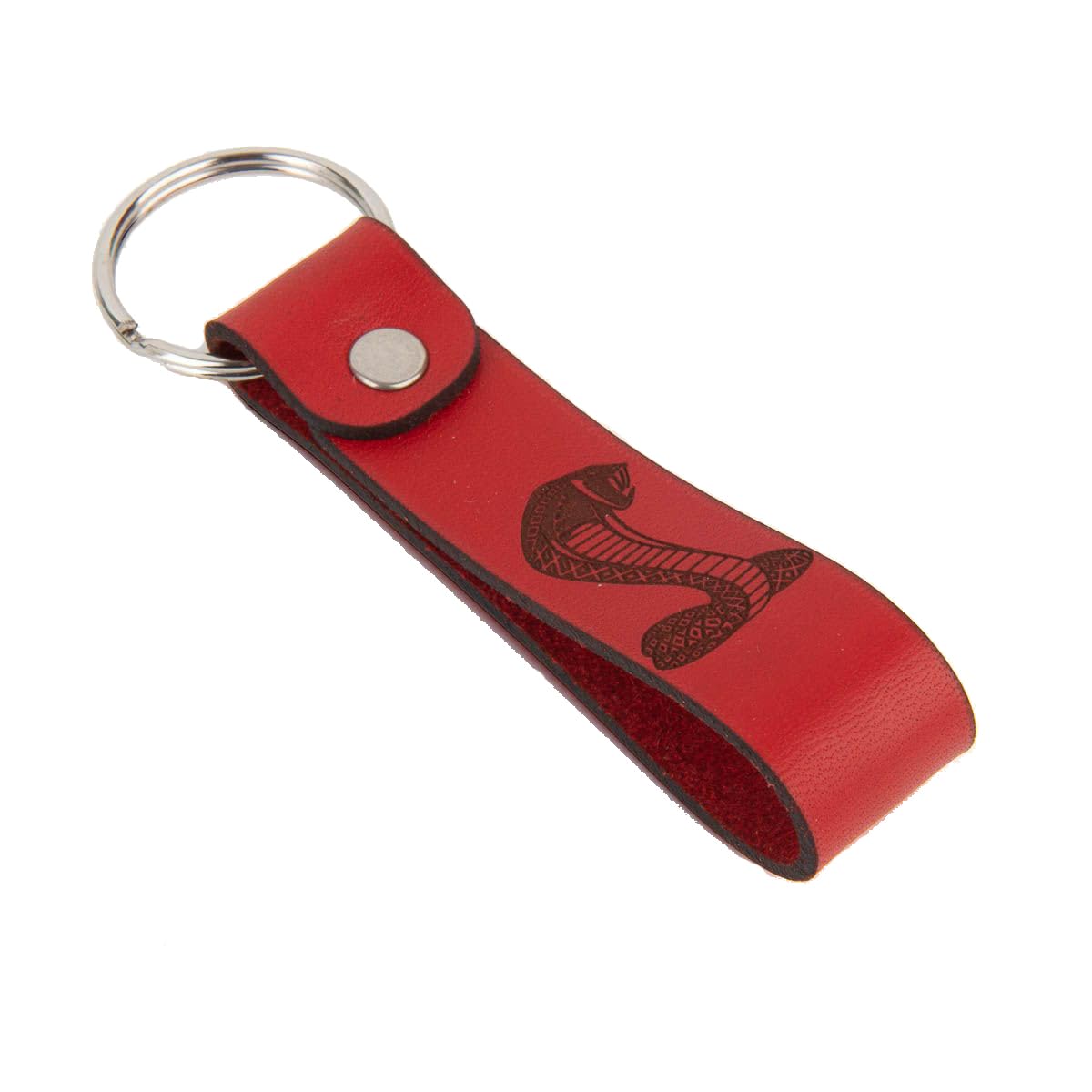 Carroll Shelby Genuine Leather Red Key Tag - Chrome Split Ring - Laser-Engraved Snake and Logo on Both Sides - Officially Licensed ® Product, Red, 1" x 4" x .13"