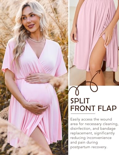 Image of Ekouaer 3 in 1 Labor and Delivery Gown for Hospital Short Sleeve Maternity Nursing Dress Nightgown Postpartum Sleepwear