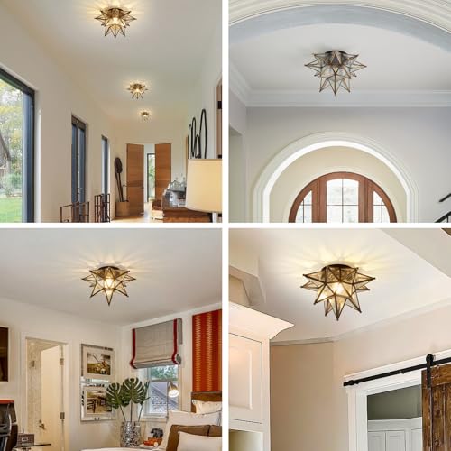 Image of Moravian Star Ceiling Light - 12.7 inch Brass & Hammered Clear Glass, Black