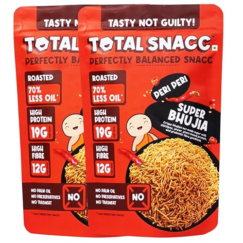 Image of TOTAL SNACC Roasted Bhujia Peri Peri (125g x 2) | High Protein 19g, High Fibre 12g | 70% Less Oil | No Palm Oil | Baked Bhujiya | Healthy Namkeen | High Protein Snacks | Diabetic Friendly | Millet Bhujia | Low Calorie