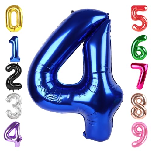 Image of 40 Inch Night Blue Number 4 Balloon, 4th Blue Birthday Party Decorations | 40 Inch Night Blue inflatable foil number balloons, large birthday decorations for 4th birthday