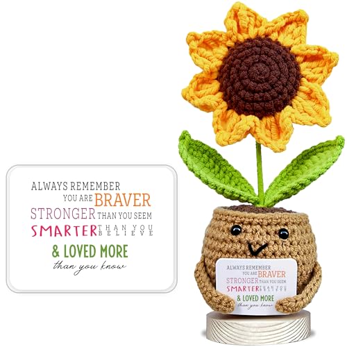 Image of Handmade Positive Sunflower Crochet Doll with Card for Women - Cute with You are Braver, Smarter, Loved Heartfelt Message - BFF Friendship Presents