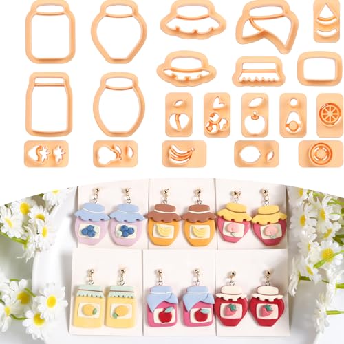 Puocaon Fruits Polymer Clay Cutters - 20 Pcs Cute Fruits Jar Clay Cutters for Polymer Clay Jewelry, Mini Fruit Stud Earring Clay Cutters, Canned Jam Polymer Clay Earring Cutters