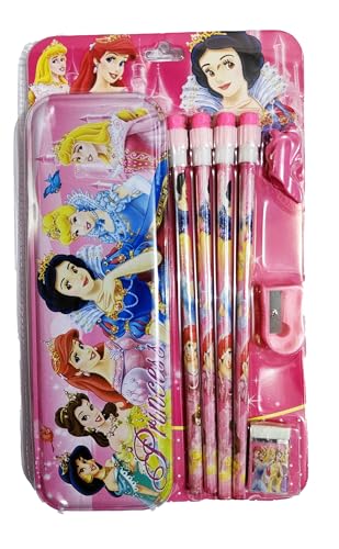 Image of Kidox Stationery Set for Kids- Birthday Gift for Girls, Boys - Metal Geometry Box for Girls & Boys Kids Pencil Box Set, Pencil Case Set, Pencil, Erasers, Sharpener for Children-Pink-Princess