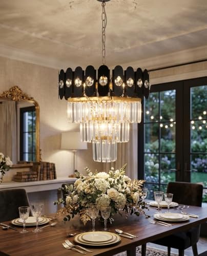 Image of Crystal Chandeliers Black Gold K9 Crystal 3 Tier Round Crystal Chandelier Ceiling Light Fixture for Living Room and Hallway (14 inch)