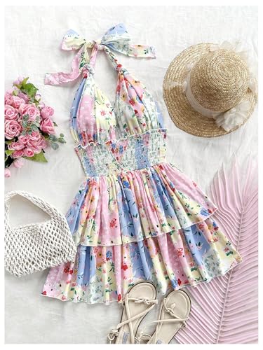 Image of MakeMeChic Women's Summer Mini Dress Floral Halter Ruffle Backless A Line Dresses Flowy Cami Vacation Sundress