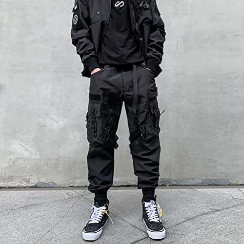 Ribbon Multi-Pocket Cargo Pants Men Hip Hop Streetwear Jogger Pants Black Techwear Male Pencil Trousers2