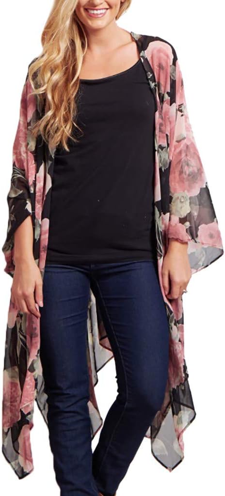 Women's Sheer Chiffon Floral Kimono Cardigan Long Blouse Loose Tops Outwear (Pink, XL)