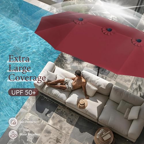 Image of THESHELTERS - 15ft Large Outdoor Umbrella Double-Sided Patio Umbrella with 65Kg Movable Stand, Crank Handle, 12 Ribs Rectangular Garden Umbrella for Patio Graden, Poolside, Terrace, Cafe and Hotels