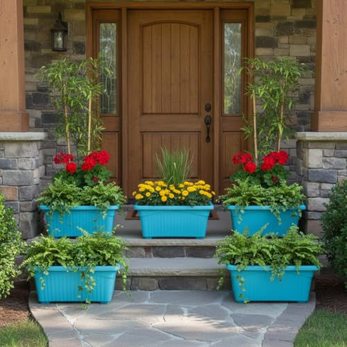 Image of Bianco Rectangular Plastic Pots for Plants, Jupiter Flower Pots for Home, Window Display, Garden (35 x 18.5 x 15 cm) (Blue) (Pack of 5)