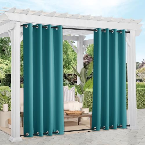 NICETOWN 2 Panels Peacock Teal Outdoor Curtains for Patio Waterproof, Rustproof Grommet Top & Bottom Thermal Insulated Keep Rain Out Blackout Weighted