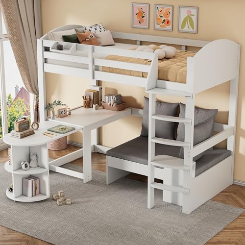 Multifunktionales Kinderbett 90x200cm, Etagenbett Hochbett mit ausziehbarem Tisch, Sofa mit Stauraum, Sitzkissen, Kissen und Lagerregale, Stockbett...