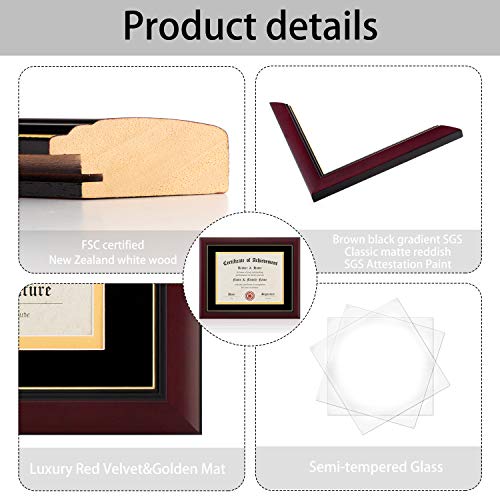 Image of ELSKER&HOME Diploma Frame - Wide Solid Wood Frame - Black Velvet Golden Rim Mat - Semi-Tempered Glass - Includes Hanging Hardware and Desktop Easel(ONLY Display 11x14 Document /Certificate) | Document Frames 11x14 with Mat or Certificate 15x18 without Mat Wide Molding Semi-Tempered Glass (Black with Golden Rim)