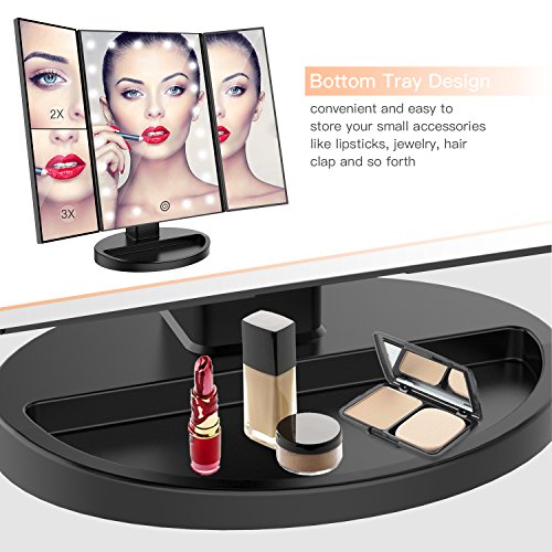 BESTOPE Makeup Mirror Magnification Vanity Make up Mirror 21 LED Lights Tri-Fold Mirrors (Black)