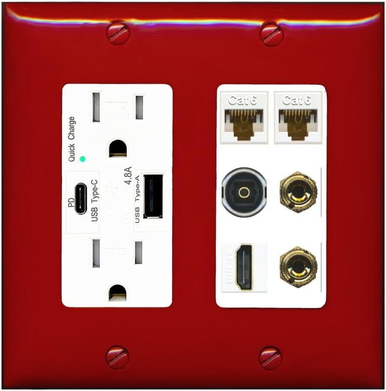 RiteAV 1 Speaker 2 Banana Binding Post Wall Plate 2 Cat6 1 x Toslink Optical and HDMI - USB A+C Outlet [White]
