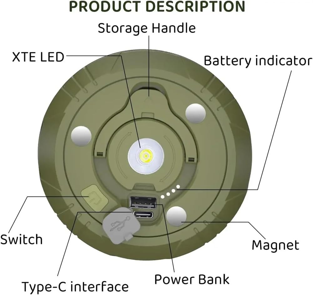 Wielofunkcyjna konstrukcja 4 w 1 Lampa kempingowa String USB Ładowana lampa zewnętrzna do namiotu Lampka dekoracyjna XTE Latarka LED z haczykiem magnetycznym