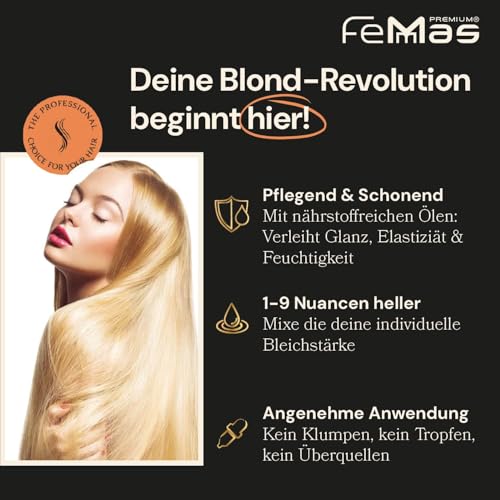 FemMas Blondier-Set: Premium Blondierpulver 100g & Oxycreme 100ml| Perfektes Starter Set für blonde Haare | für bis zu 9 Tonstufen hellere Haare in Salon Qualität (Blond, 6%)