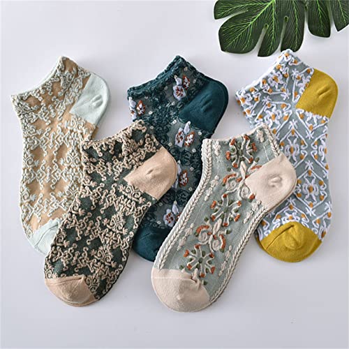 5 Pairs Women's Floral Nordic Stripe Textured Cotton Socks, Girls Vintage Cute Flower Sweet (5S-G)2