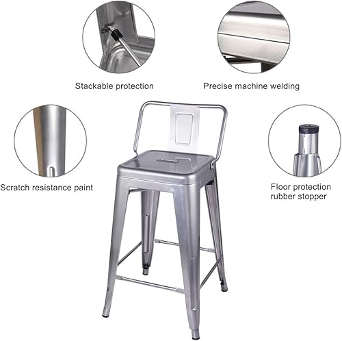 Vista 145 de GIA Taburete de metal con respaldo bajo de altura de mostrador de 24 pulgadas con asiento de cuero vegano, color plateado