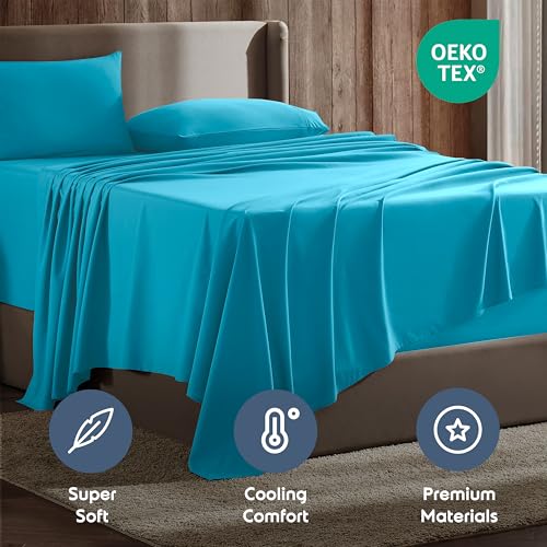 Image of Nestl California King Bed Sheet Set - Bright Blue - 4-Piece Deep Pocket | Instantly Soft, Night-One Ready (No Wash Required). Fits 16-Inch Deep Pockets, 360-Degree Elastic Grip