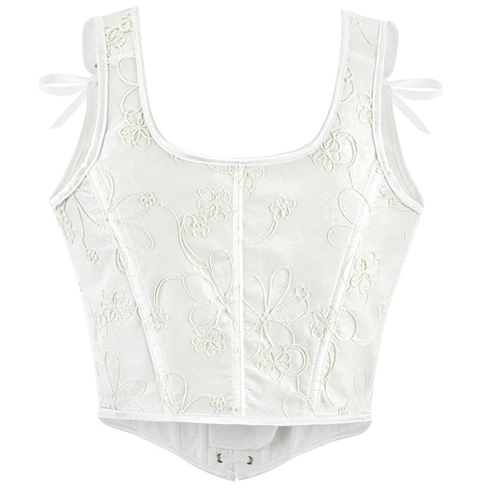 DISSA Corset Bustier à Laçage Frontal et Armature | Motif floral brodé, bretelles larges à nœuds, laçage frontal, armatures verticales, fermeture crochet