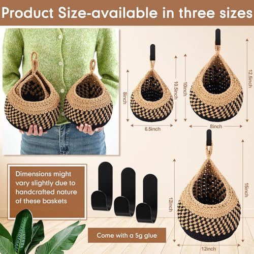 Image of Honeydak 3 Hanging Baskets, Linen with Black, Teardrop, Cotton Rope