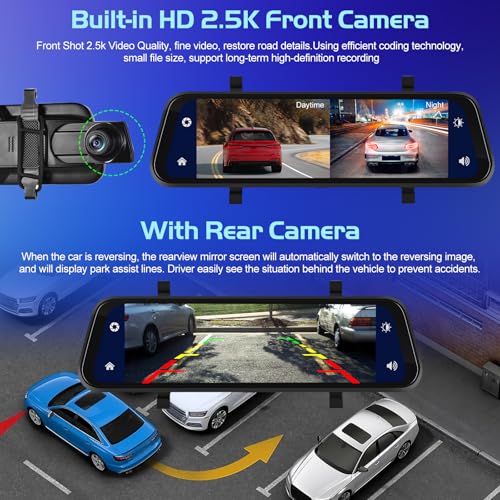 NHOPEEW Rear View Mirror Camera with Wireless Carplay and Android Auto - 9.66 Inch IPS Touchscreen Dash Cam Front and Rear Dual Camera - Loop Recording/FM Transmitter/Voice Control + Backup Camera - Thumbnail 7