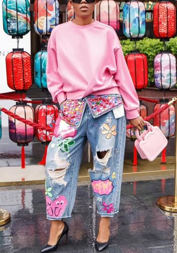 Women's Barrel Jeans Wide Leg High Waist Rhinestone Floral Horseshoe Ripped Baggy Cropped Jeans Denim Pants2