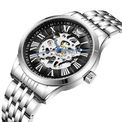 Image of OPK Men's Automatic Mechanical Watch Skeleton Black Dial with Roman Numerals Silver Stainless Steel Bracelet Waterproof Luxury Dress Wristwatch