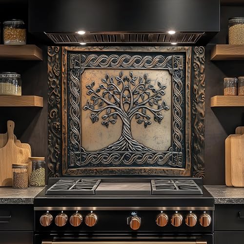 Framed Copper Tree of Life Design Kitchen Backsplash, Tempered Glass